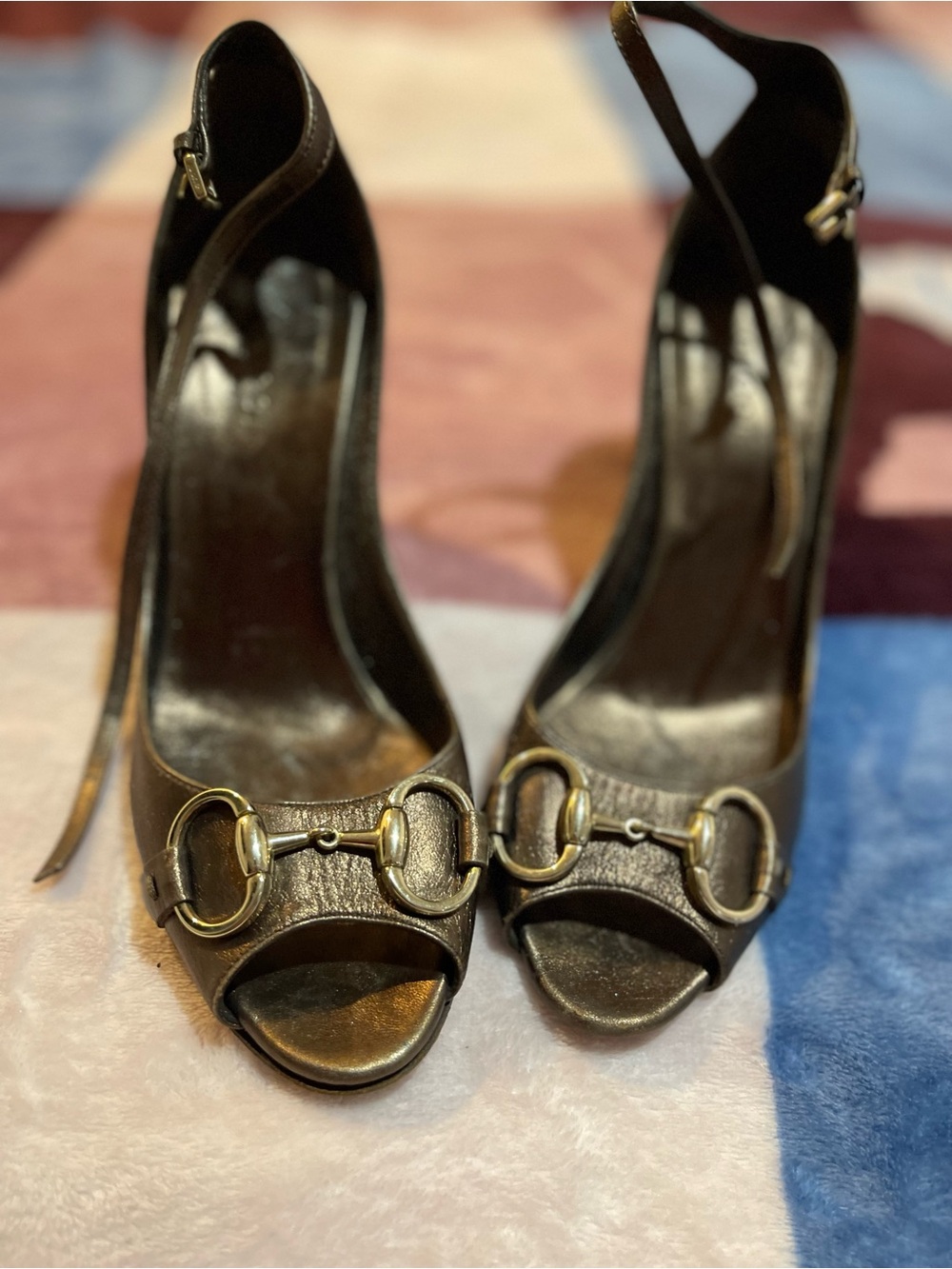Gucci Black Peep-Toe Ankle-Strap Heels with Gold Horsebit - Picture 3 of 6